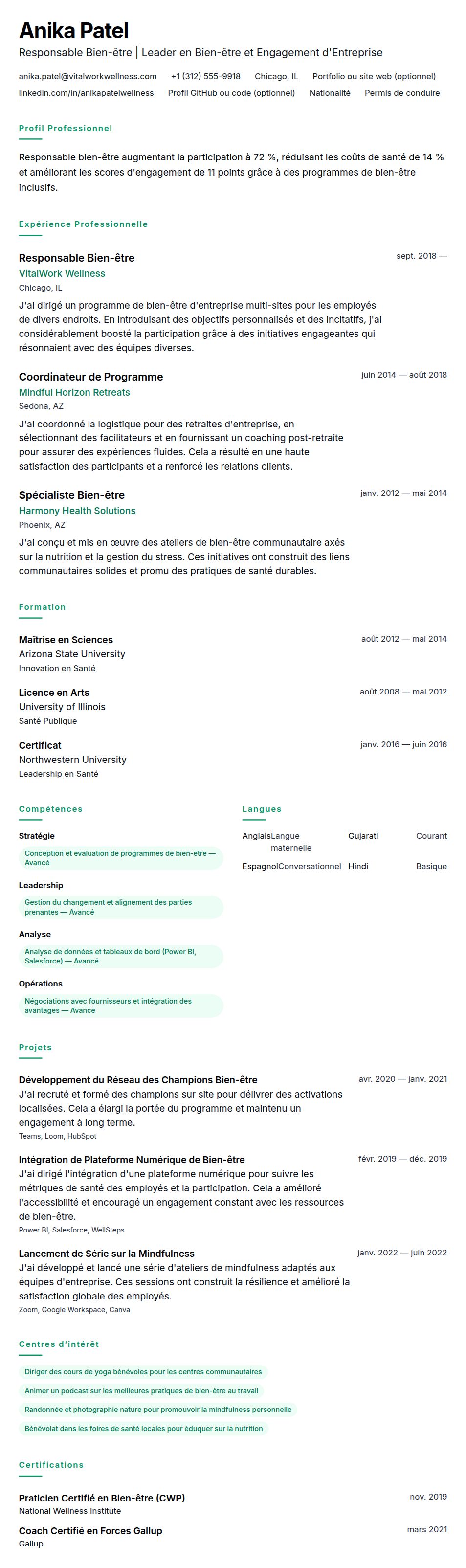 Aperçu du CV Exemple de CV de Responsable Bien-être