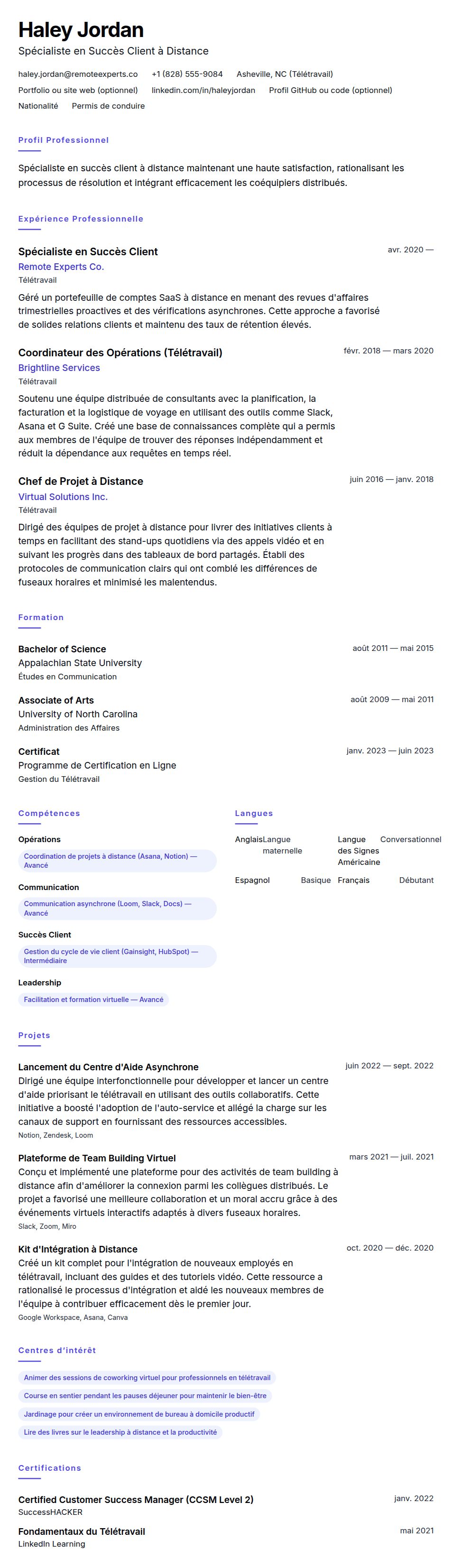Aperçu du CV Exemple de CV pour Professionnel en Télétravail