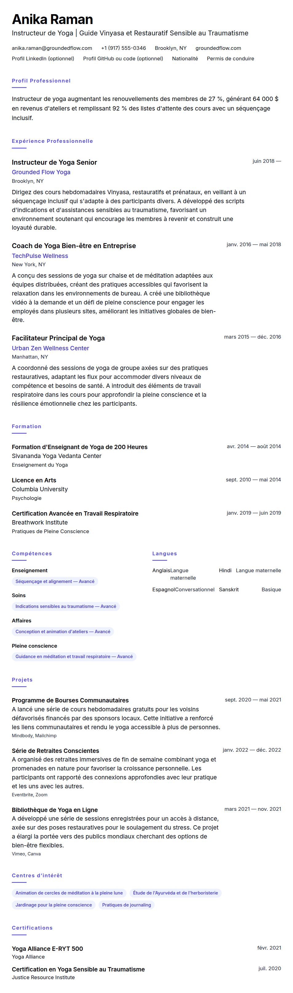 Aperçu du CV Exemple de CV d'Instructeur de Yoga