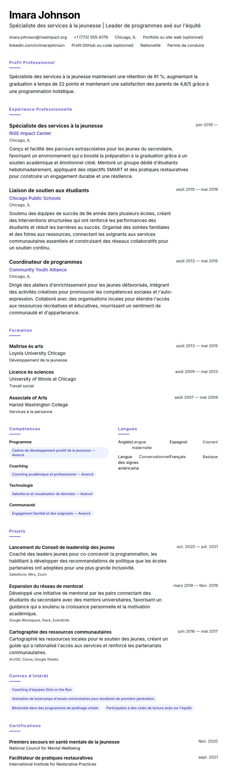 Aperçu du CV Exemple de CV de Spécialiste des services à la jeunesse