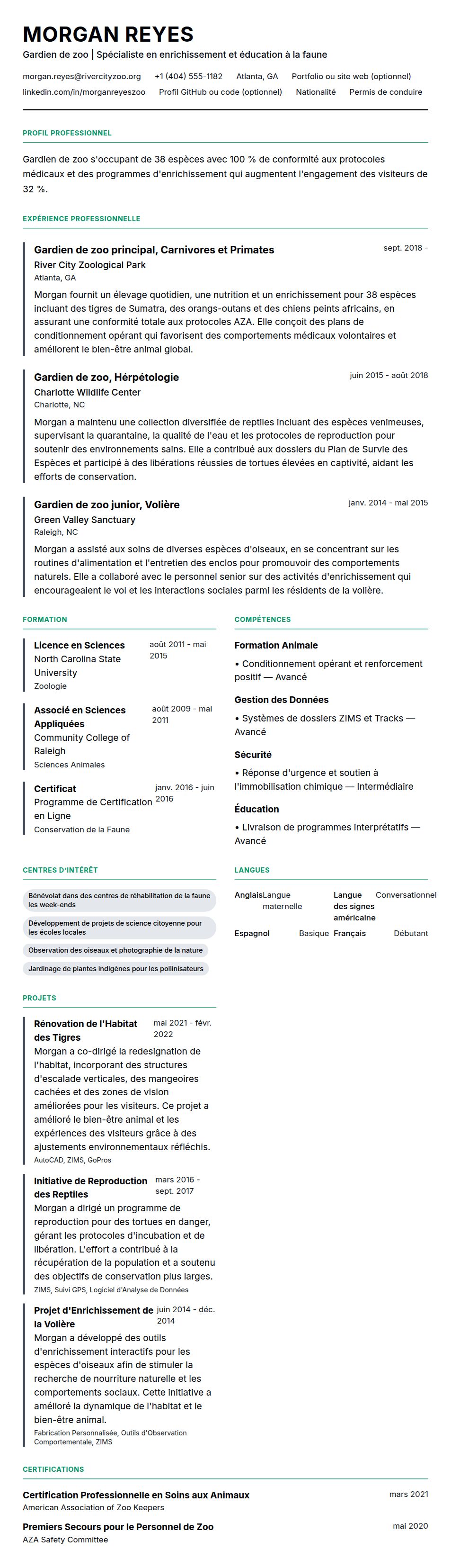 Aperçu du CV Exemple de CV de Gardien de zoo