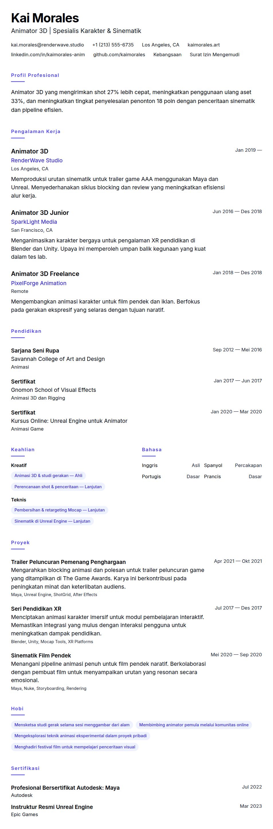 Pratinjau resume Contoh Resume Animator 3D