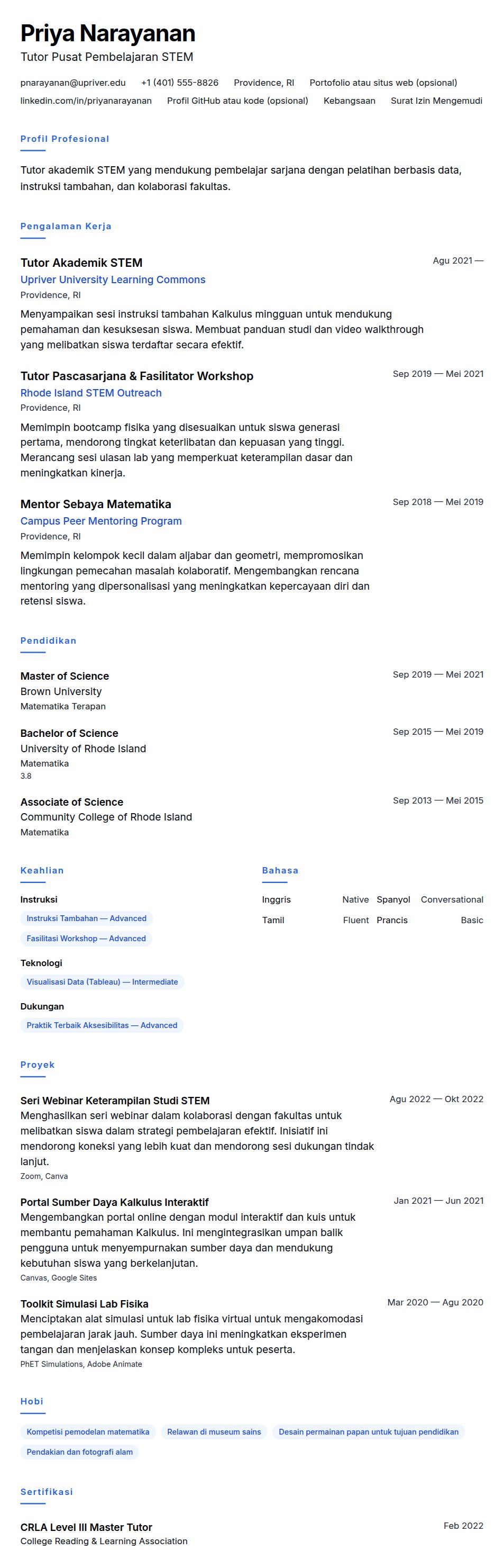 Pratinjau resume Contoh Resume Tutor Akademik