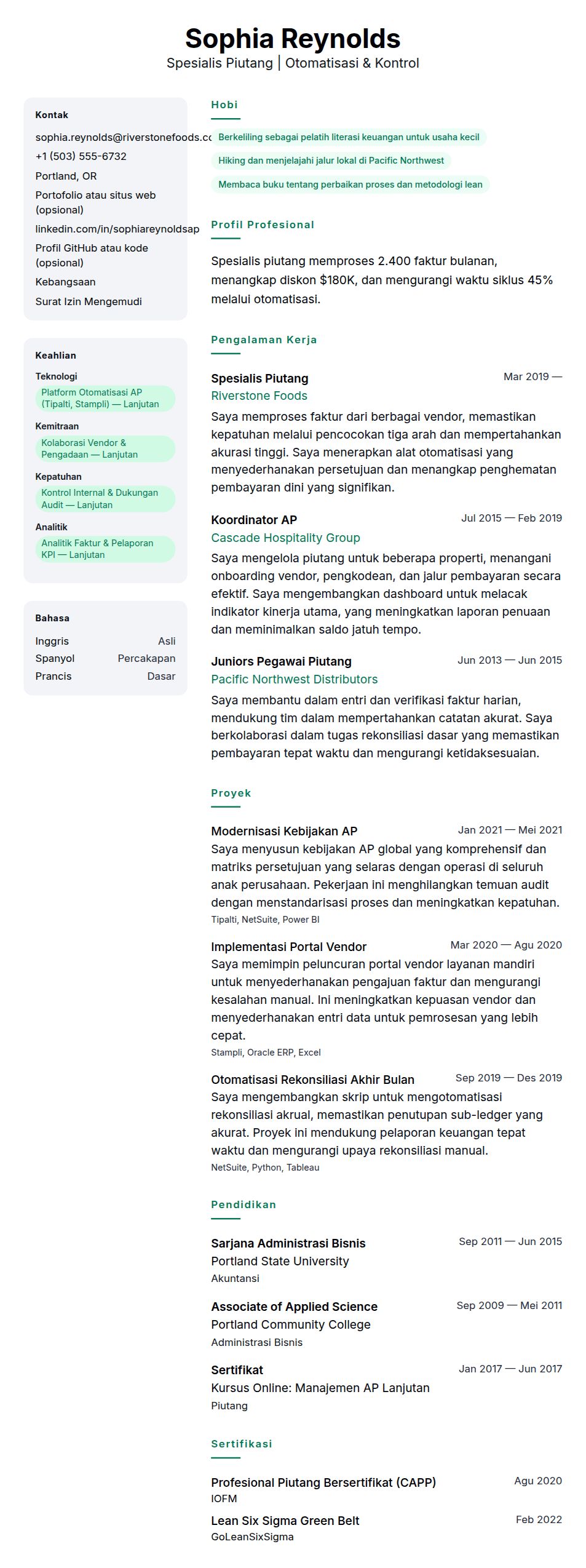 Pratinjau resume Contoh Resume Spesialis Piutang