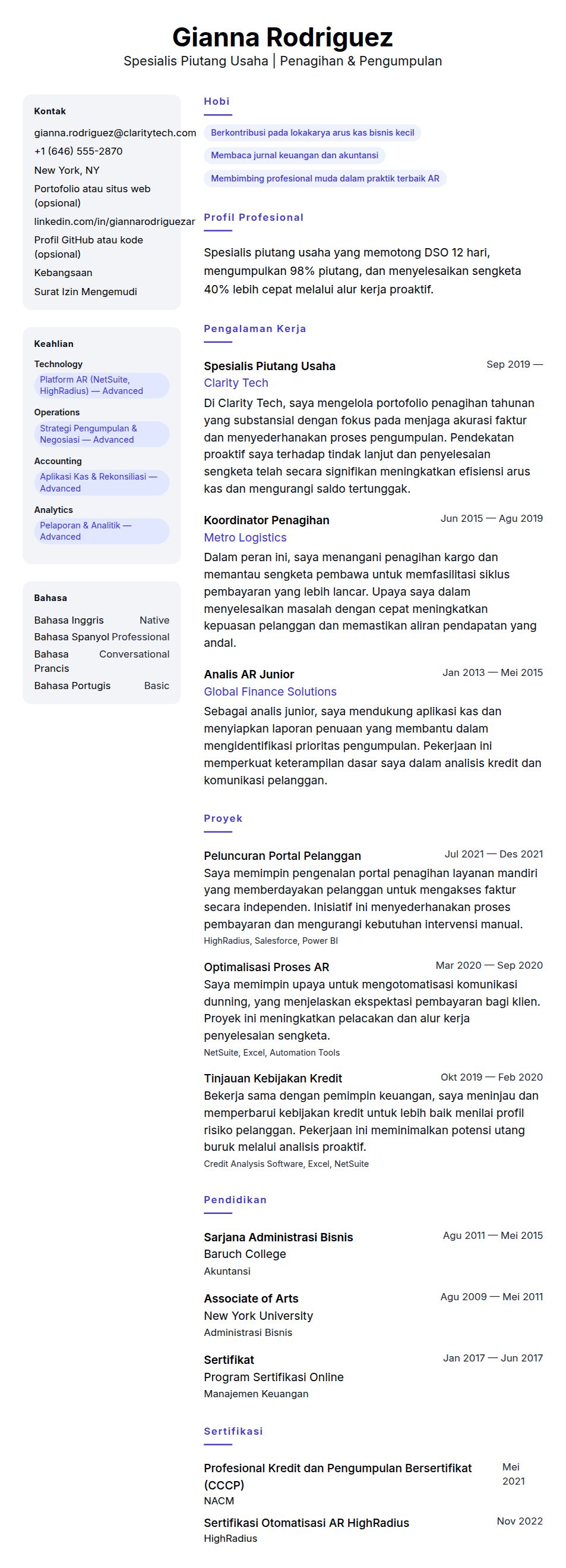 Pratinjau resume Contoh Resume Spesialis Piutang Usaha