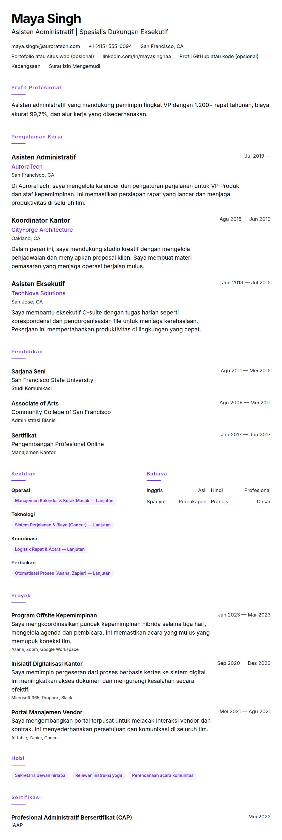 Contoh Resume Asisten Administratif