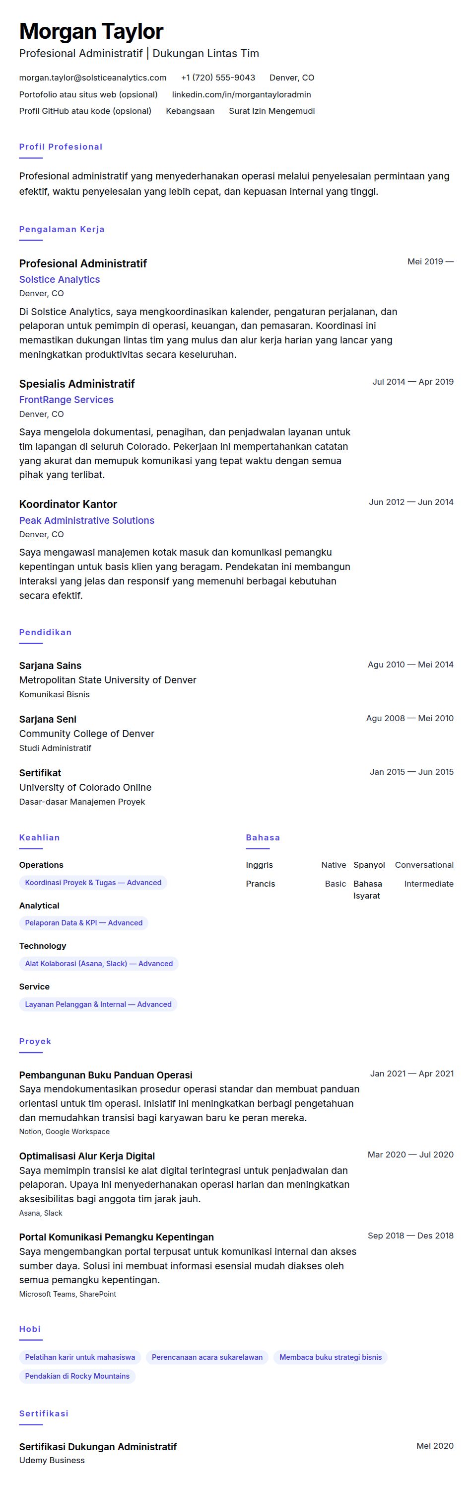 Pratinjau resume Contoh Resume Profesional Administratif