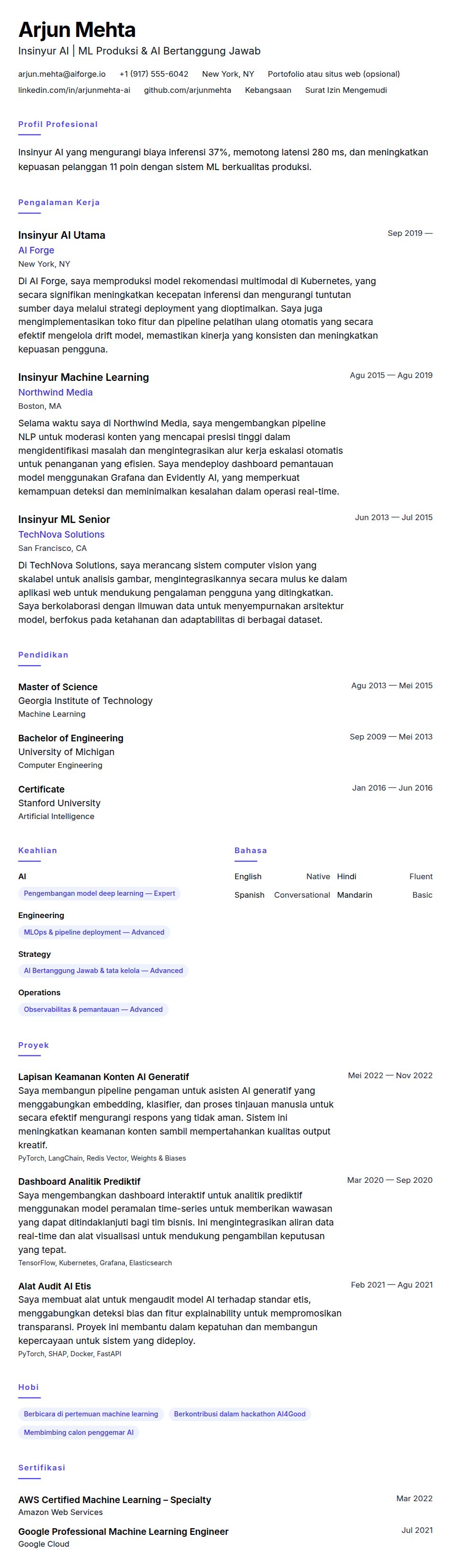 Pratinjau resume Contoh Resume Insinyur AI