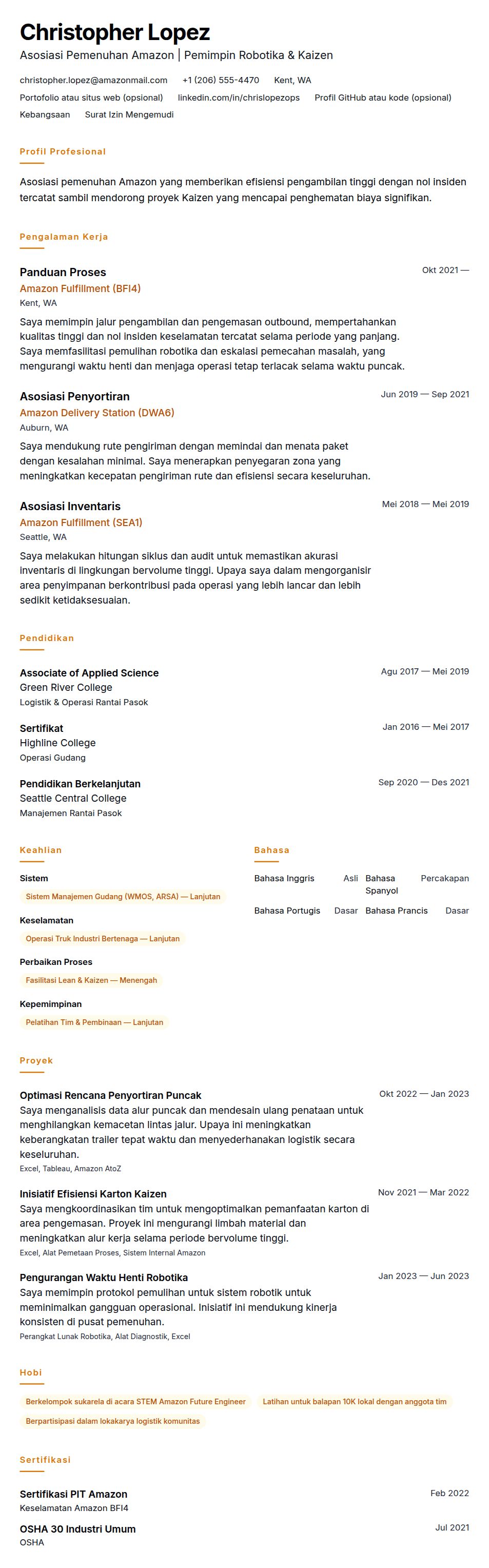 Pratinjau resume Contoh Resume Asosiasi Amazon