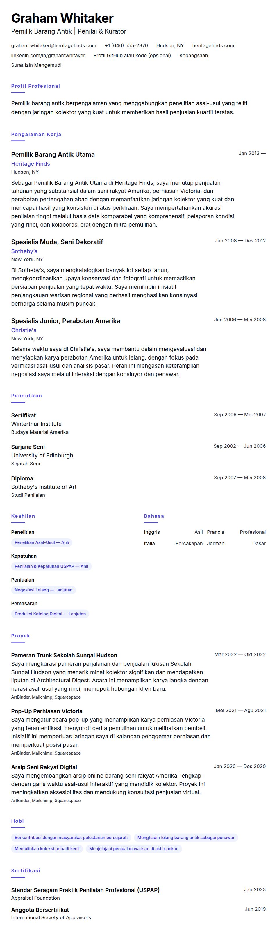 Pratinjau resume Contoh Resume Pemilik Barang Antik