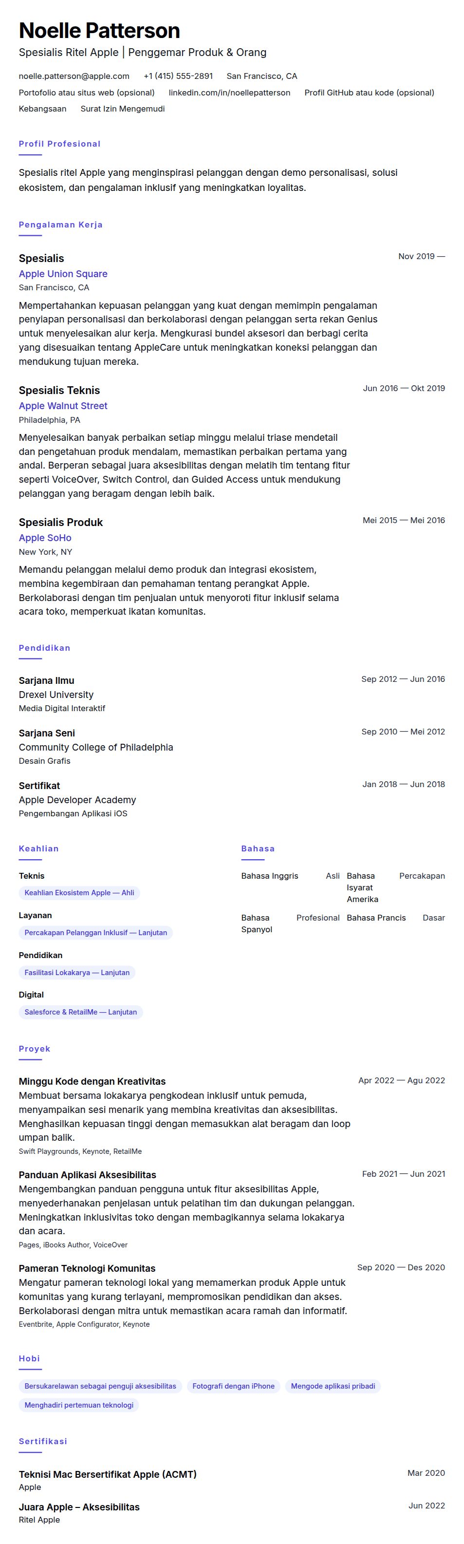 Contoh Resume Spesialis Ritel Apple