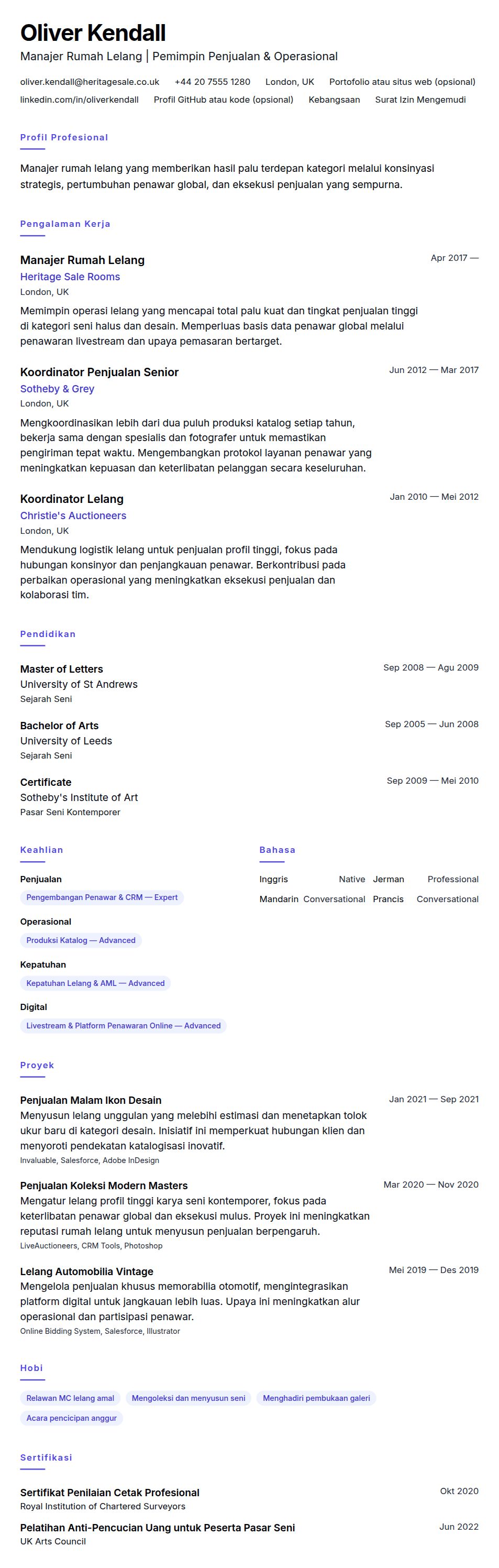 Pratinjau resume Contoh Resume Manajer Rumah Lelang