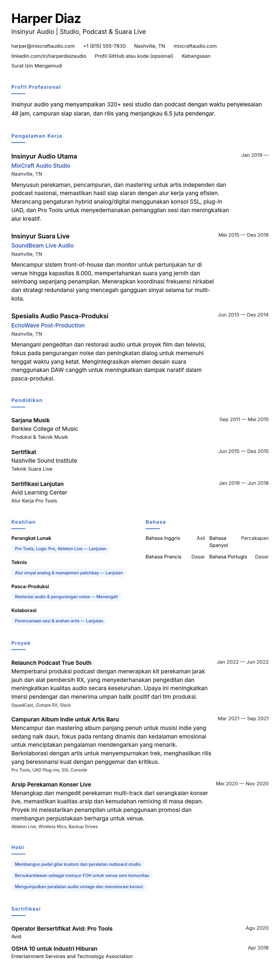 Pratinjau resume Contoh Resume Insinyur Audio