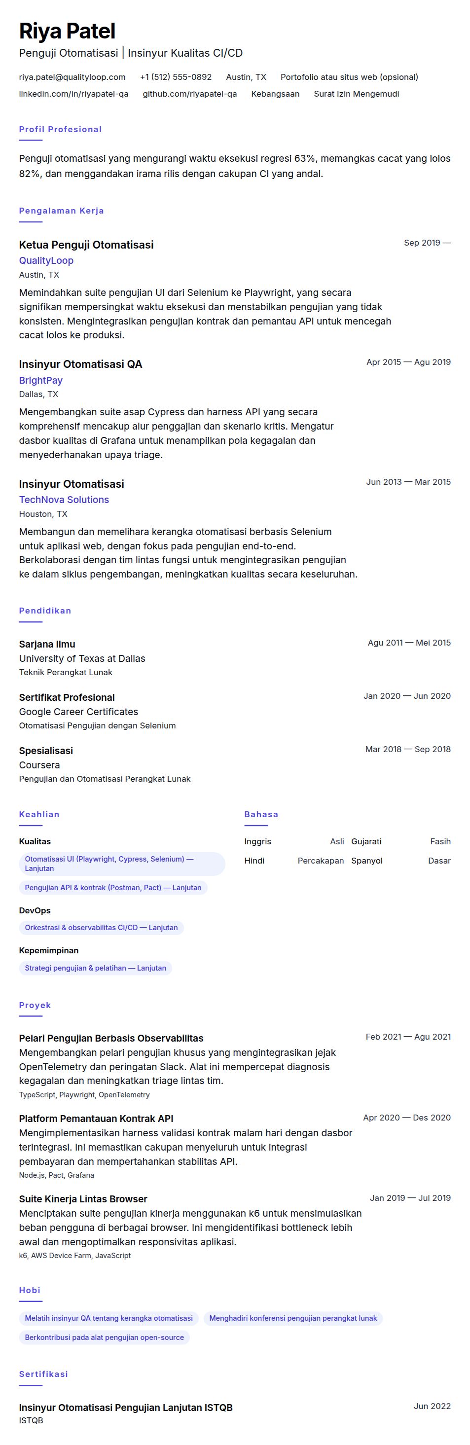 Pratinjau resume Contoh Resume Penguji Otomatisasi