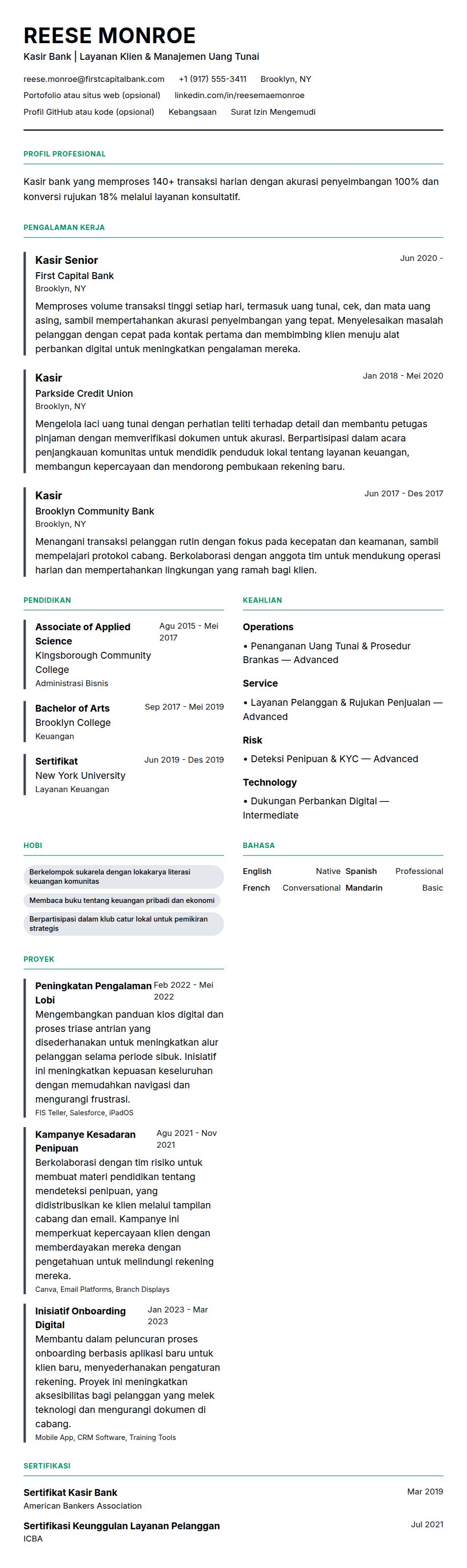 Pratinjau resume Contoh Resume Kasir Bank