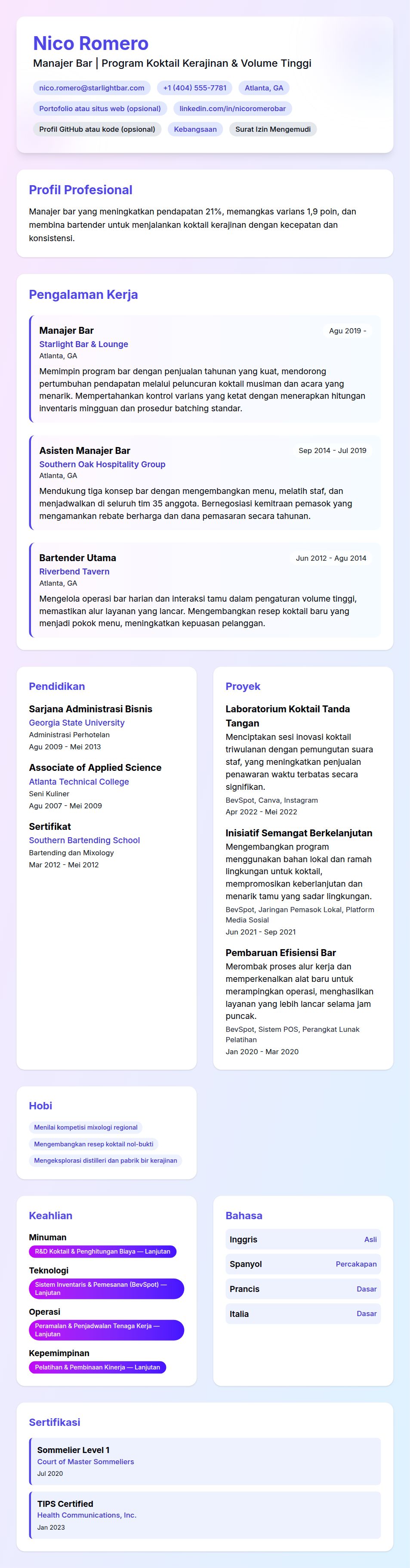 Pratinjau resume Contoh Resume Manajer Bar