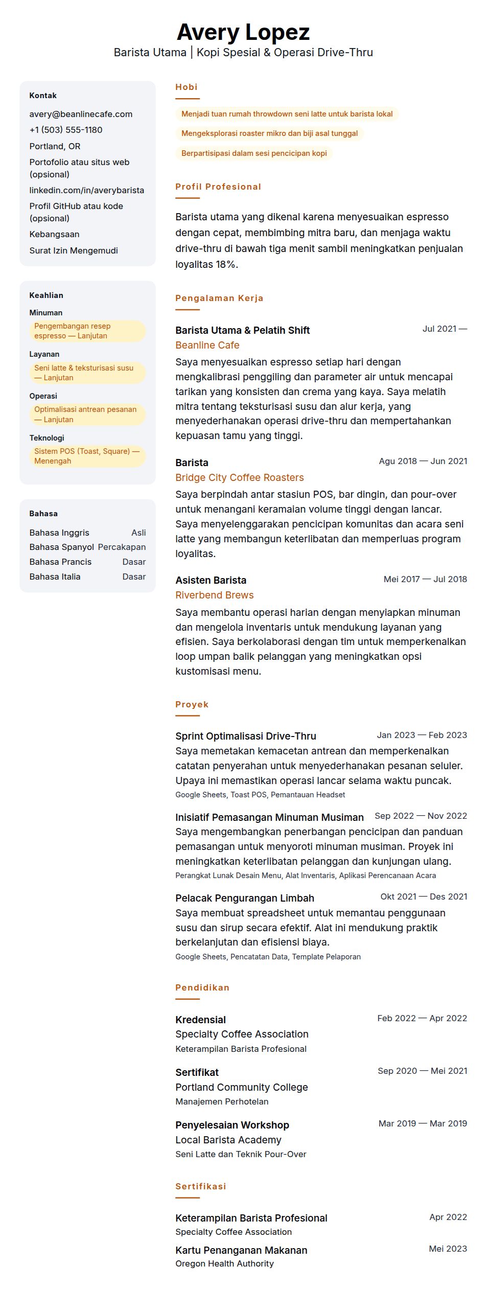 Pratinjau resume Contoh Resume Barista