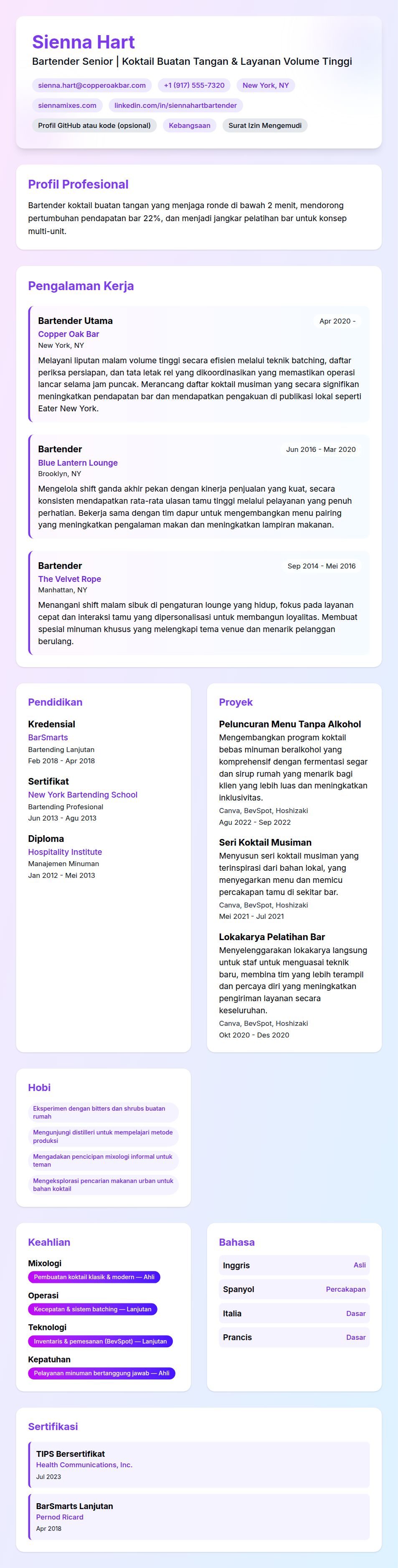 Pratinjau resume Contoh Resume Bartender