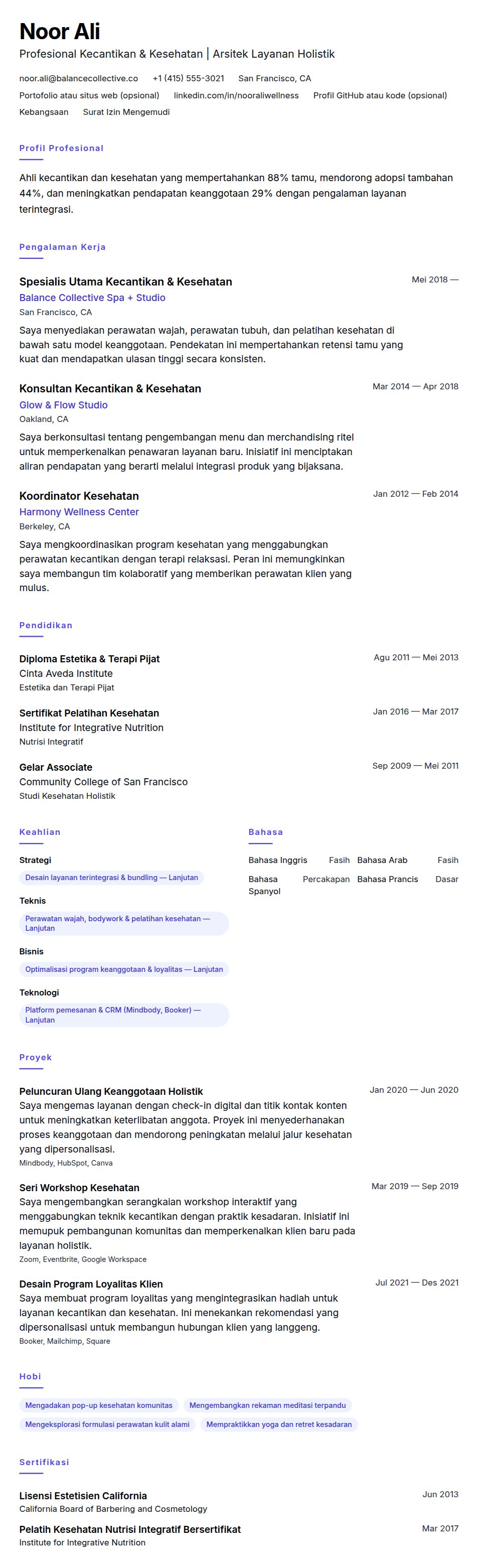 Pratinjau resume Contoh Resume Profesional Kecantikan dan Kesehatan
