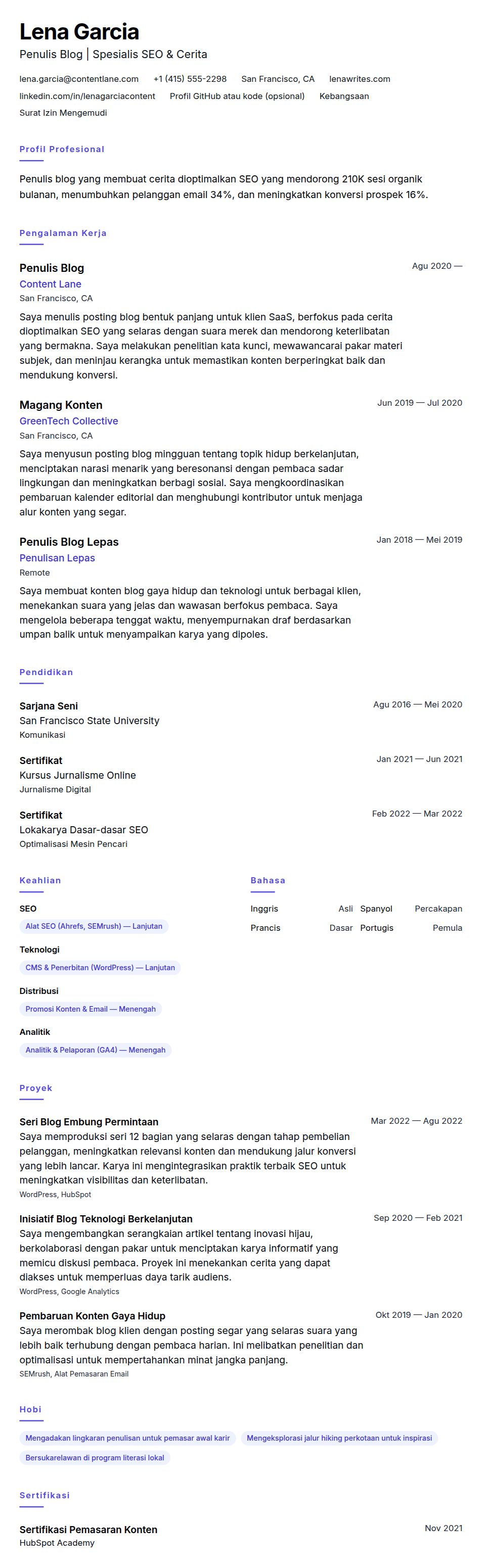 Pratinjau resume Contoh Resume Penulis Blog