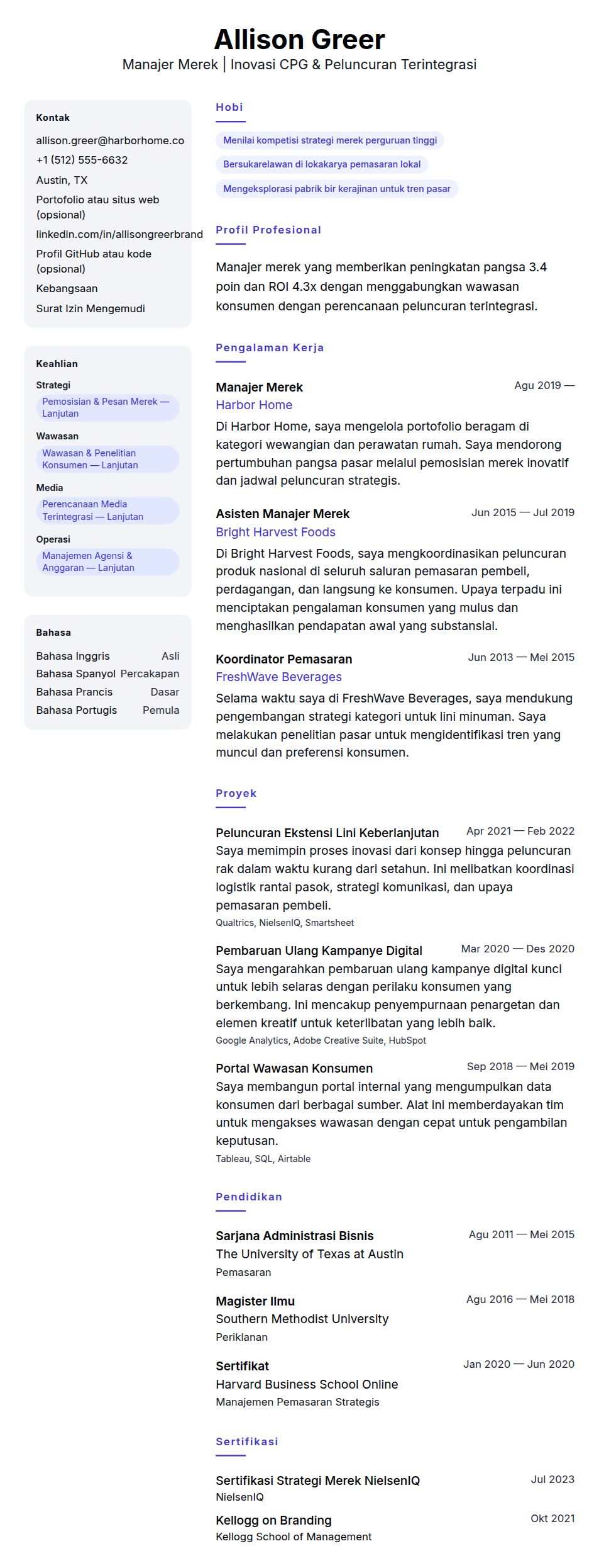 Pratinjau resume Contoh Resume Manajer Merek