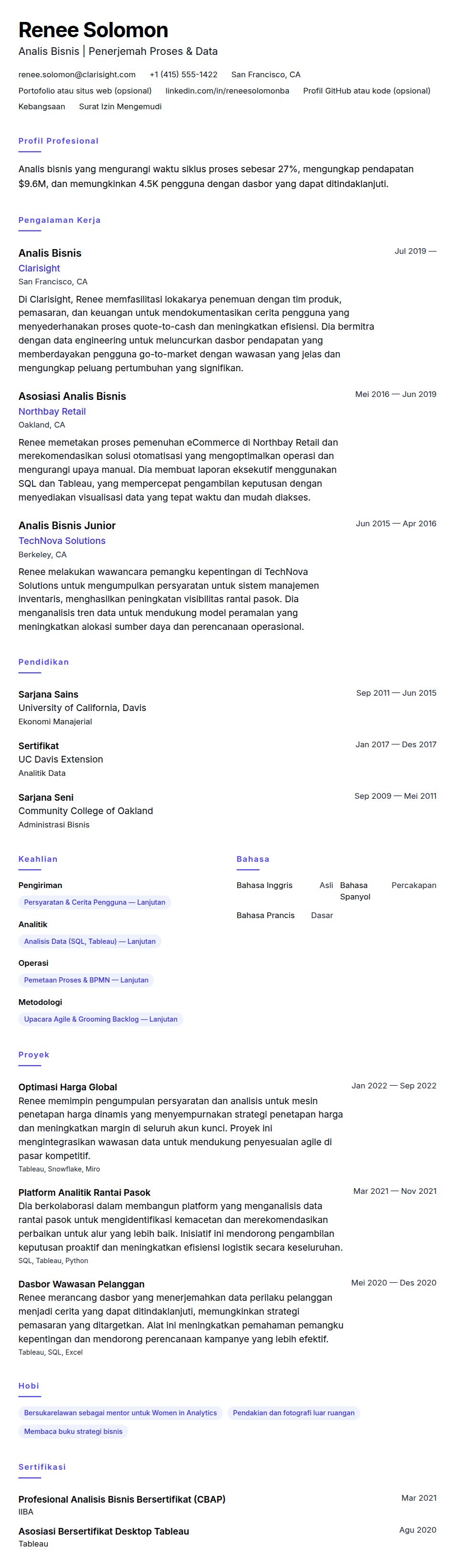 Pratinjau resume Contoh Resume Analis Bisnis