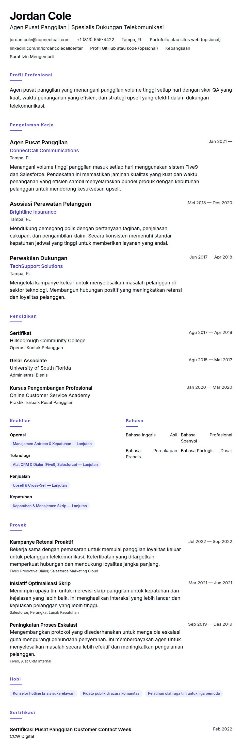 Pratinjau resume Contoh Resume Agen Pusat Panggilan