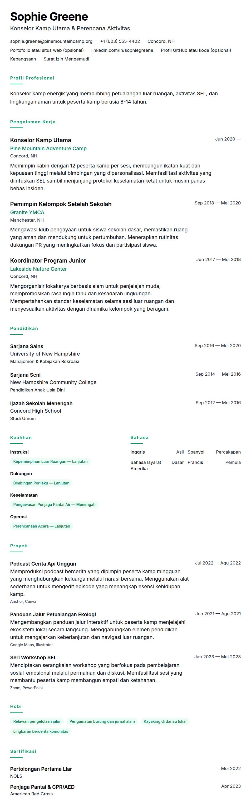 Pratinjau resume Contoh Resume Konselor Kamp