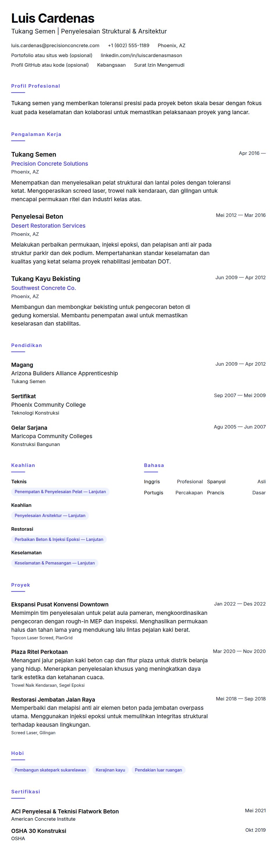 Pratinjau resume Contoh Resume Tukang Semen