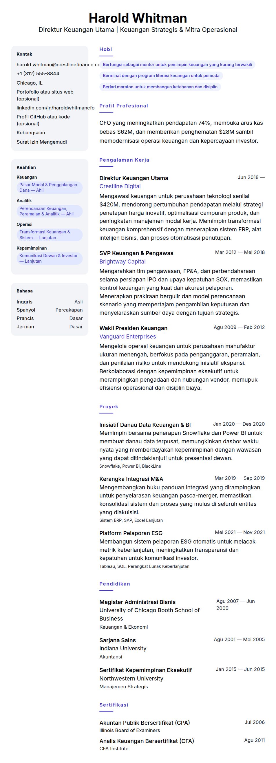 Pratinjau resume Contoh Resume Direktur Keuangan Utama
