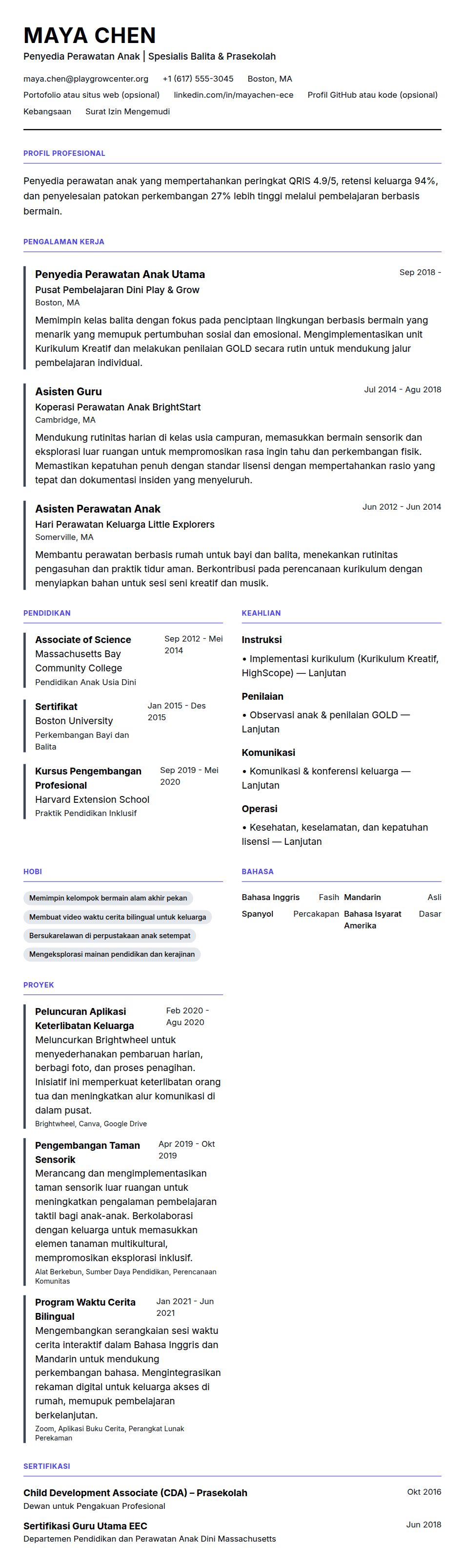 Pratinjau resume Contoh Resume Penyedia Perawatan Anak