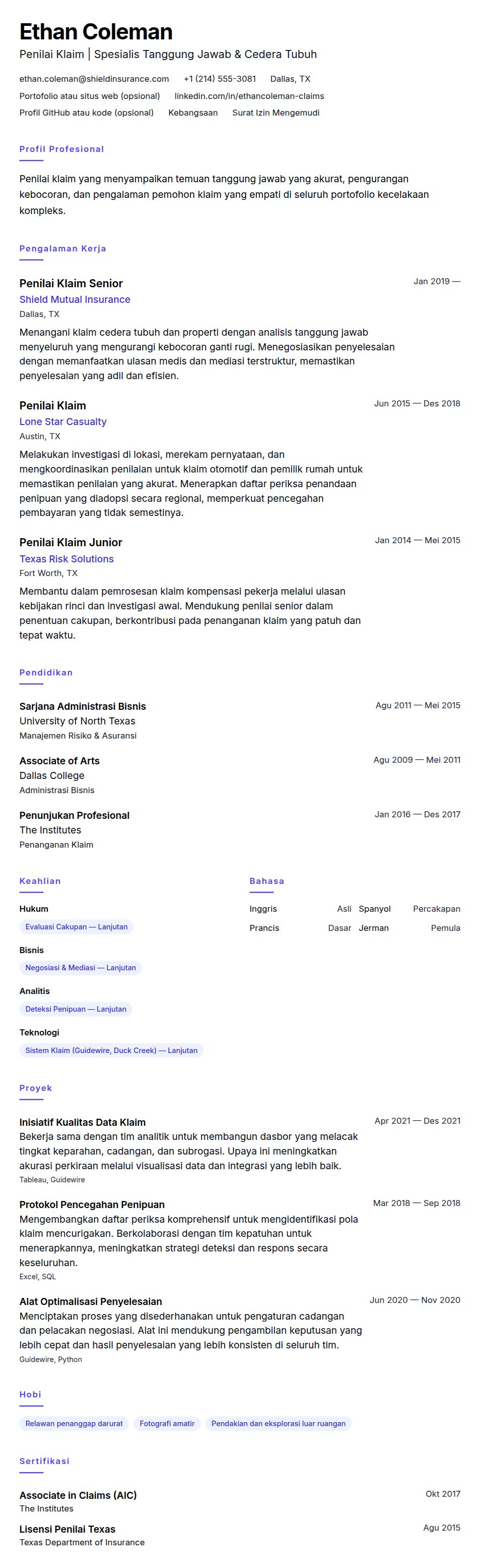 Pratinjau resume Contoh Resume Penilai Klaim