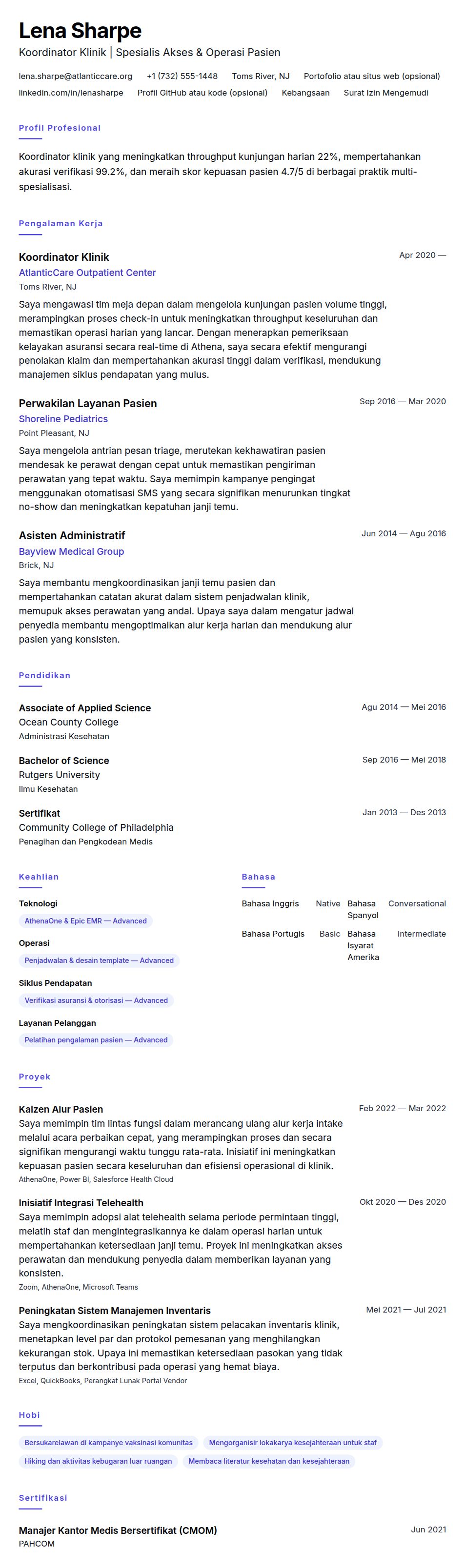 Pratinjau resume Contoh Resume Koordinator Klinik
