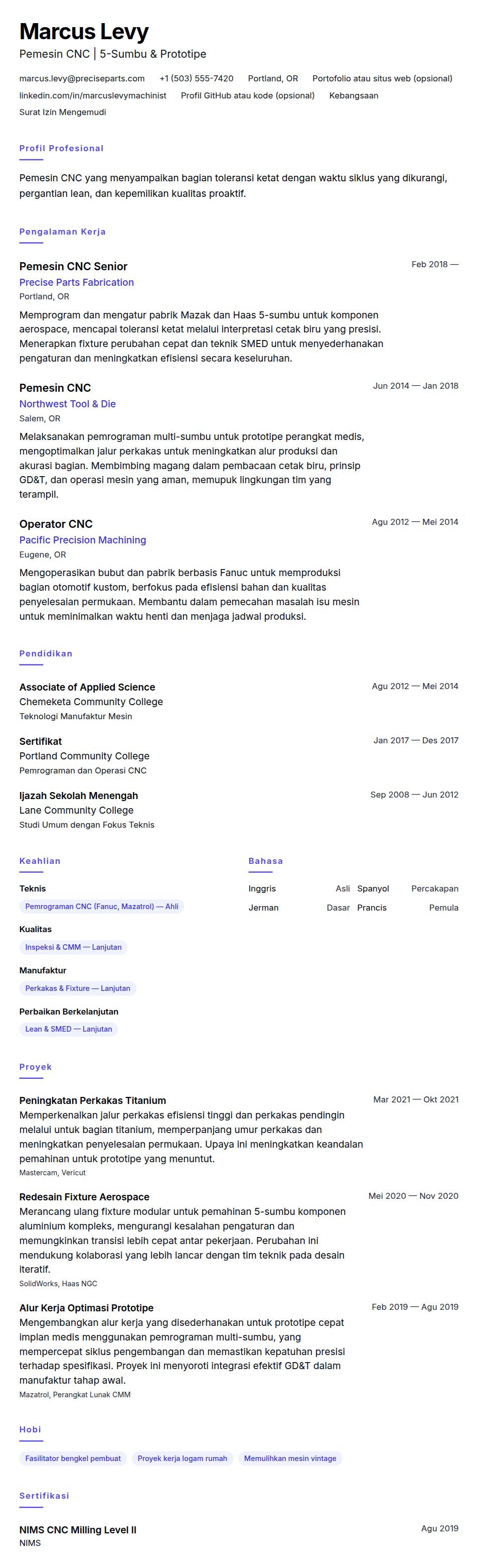 Pratinjau resume Contoh Resume Pemesin CNC