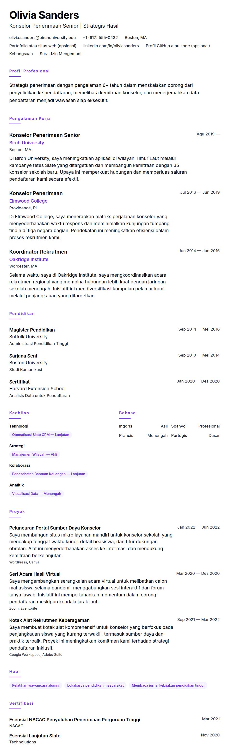 Pratinjau resume Contoh Resume Konselor Penerimaan Mahasiswa