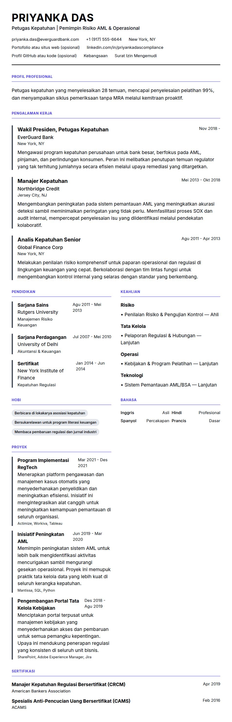 Pratinjau resume Contoh Resume Petugas Kepatuhan