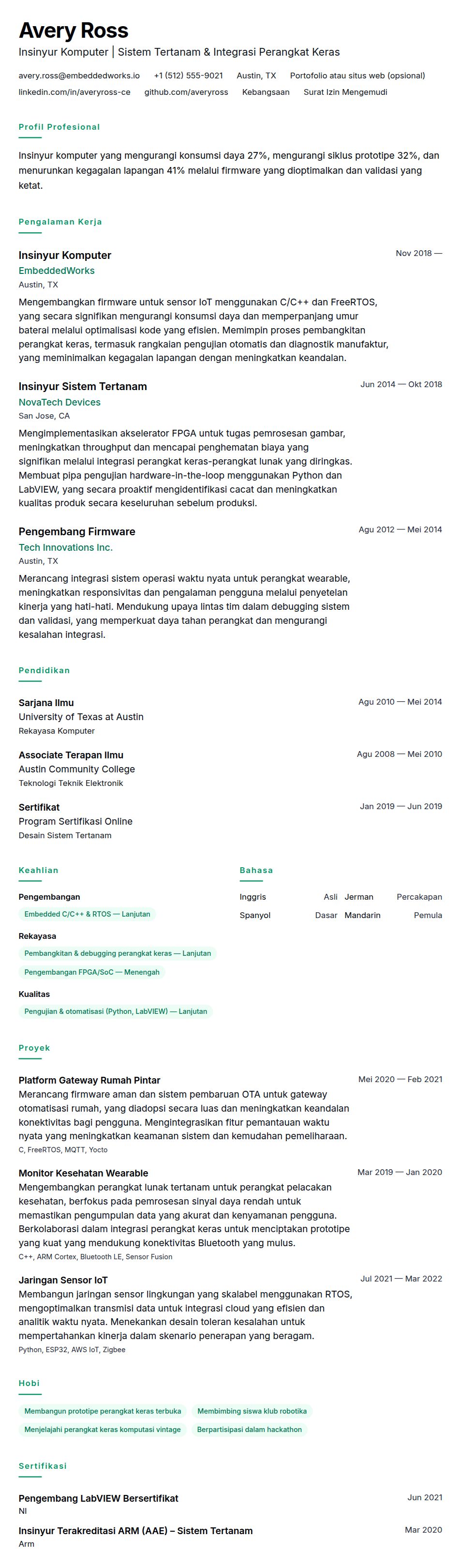 Pratinjau resume Contoh Resume Insinyur Komputer