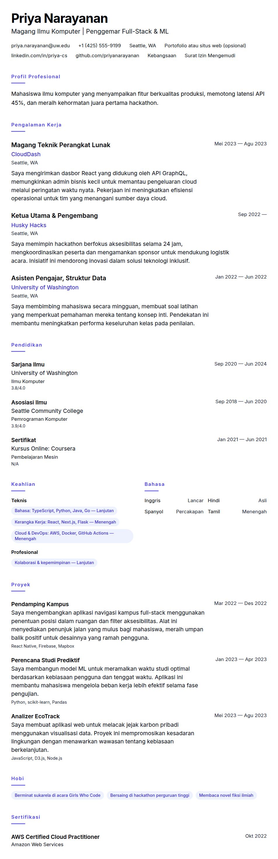 Pratinjau resume Contoh Resume Magang Ilmu Komputer