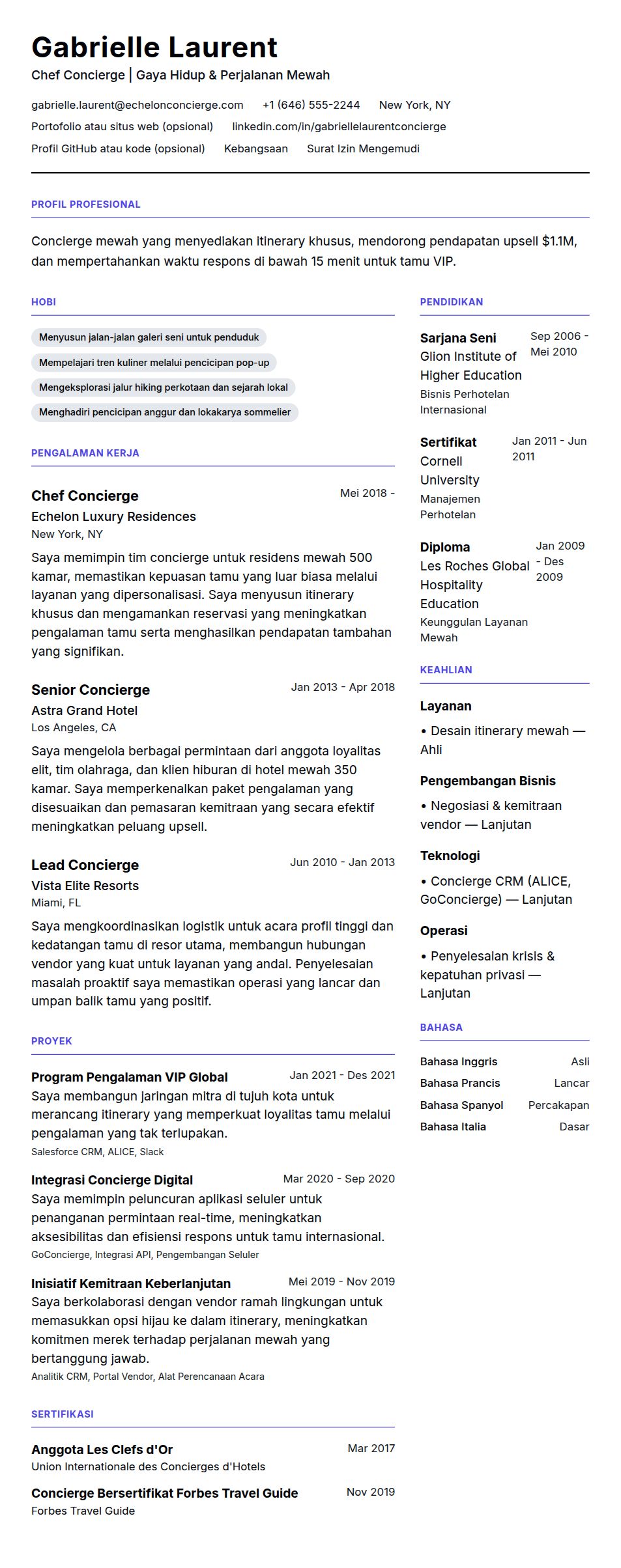 Pratinjau resume Contoh Resume Concierge