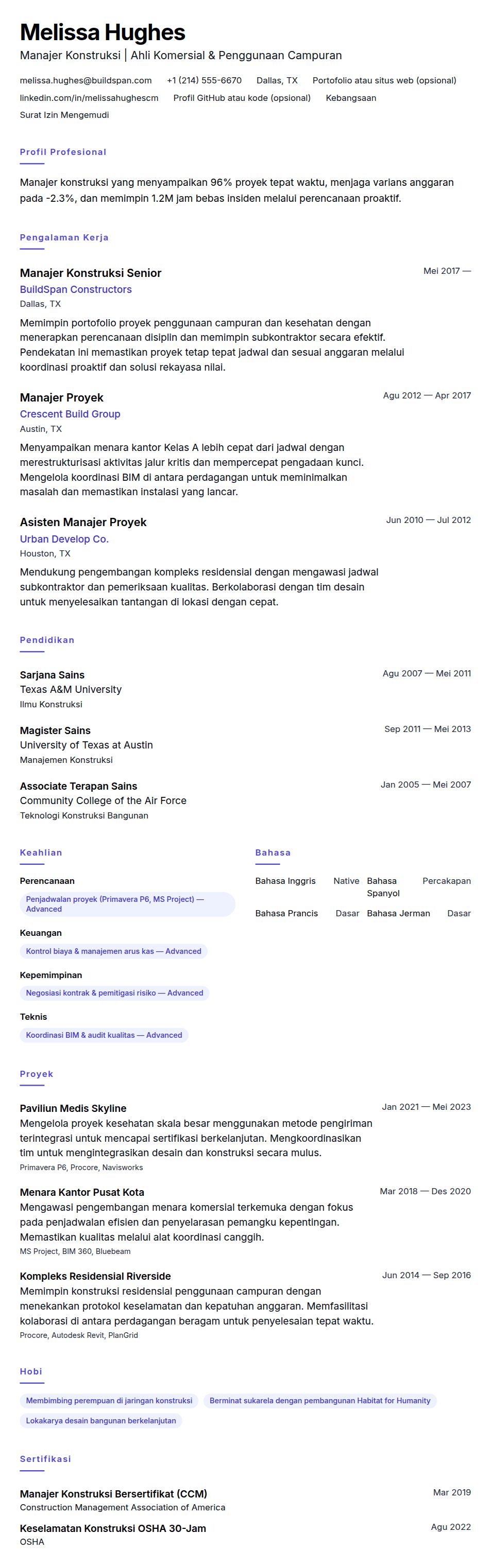 Contoh Resume Manajer Konstruksi