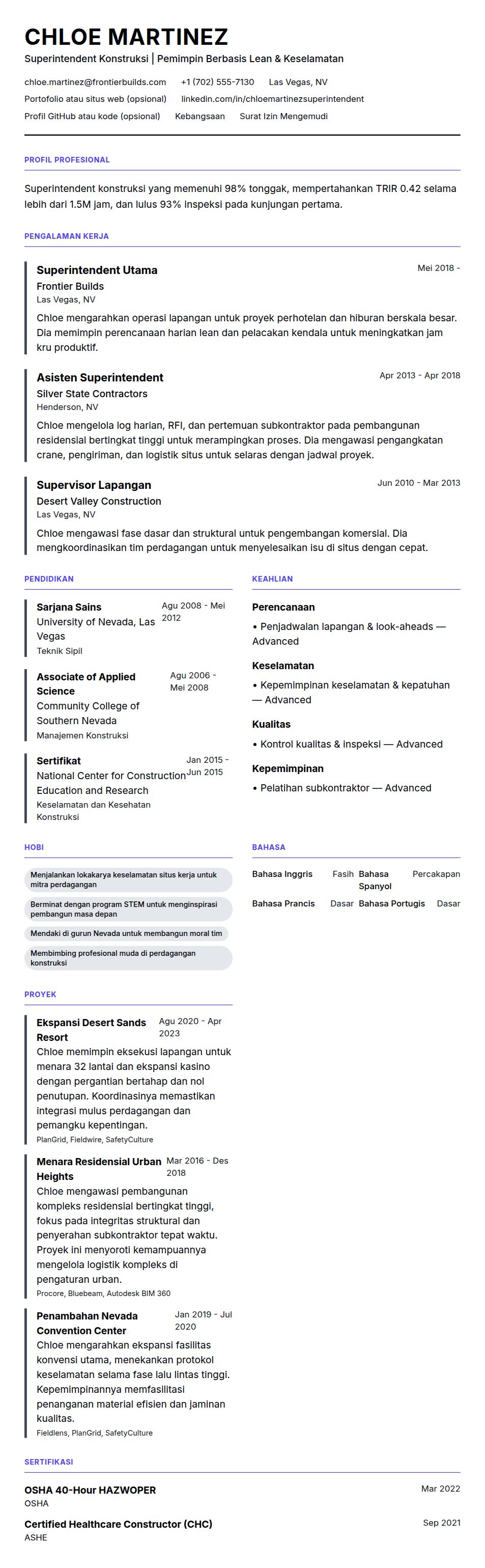 Pratinjau resume Contoh Resume Superintendent Konstruksi