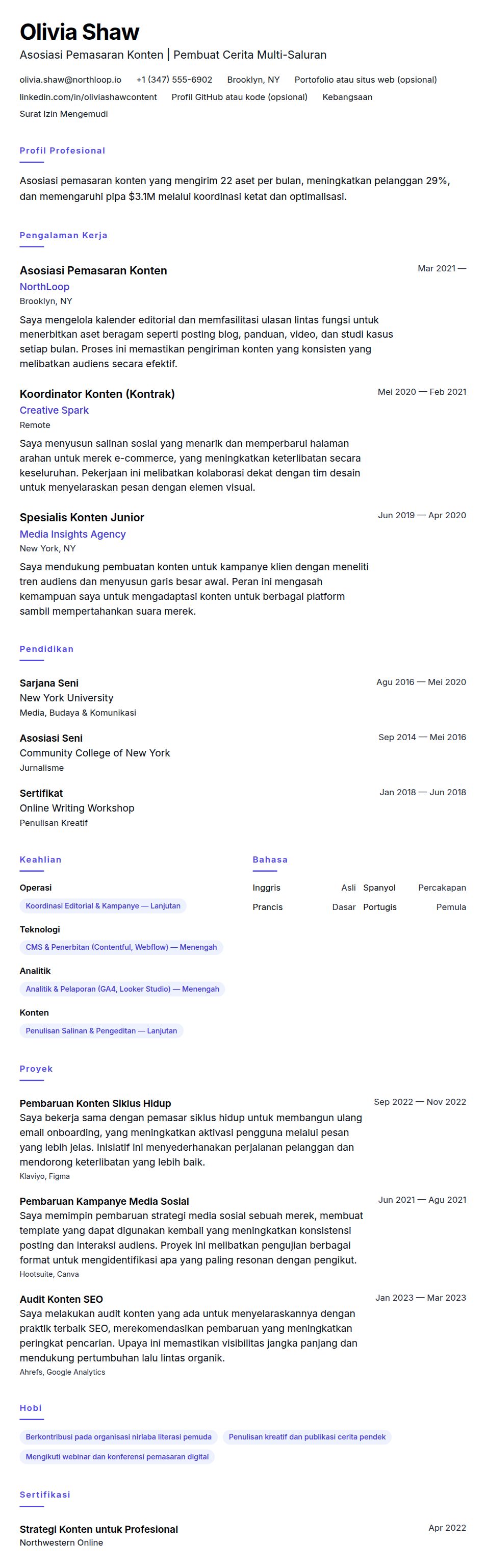 Pratinjau resume Contoh Resume Asosiasi Pemasaran Konten