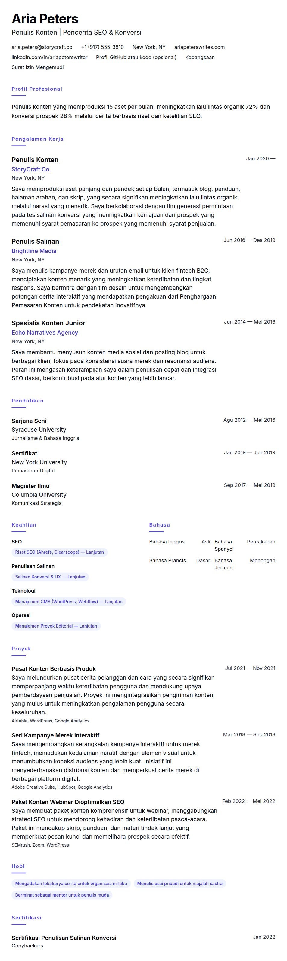 Contoh Resume Penulis Konten