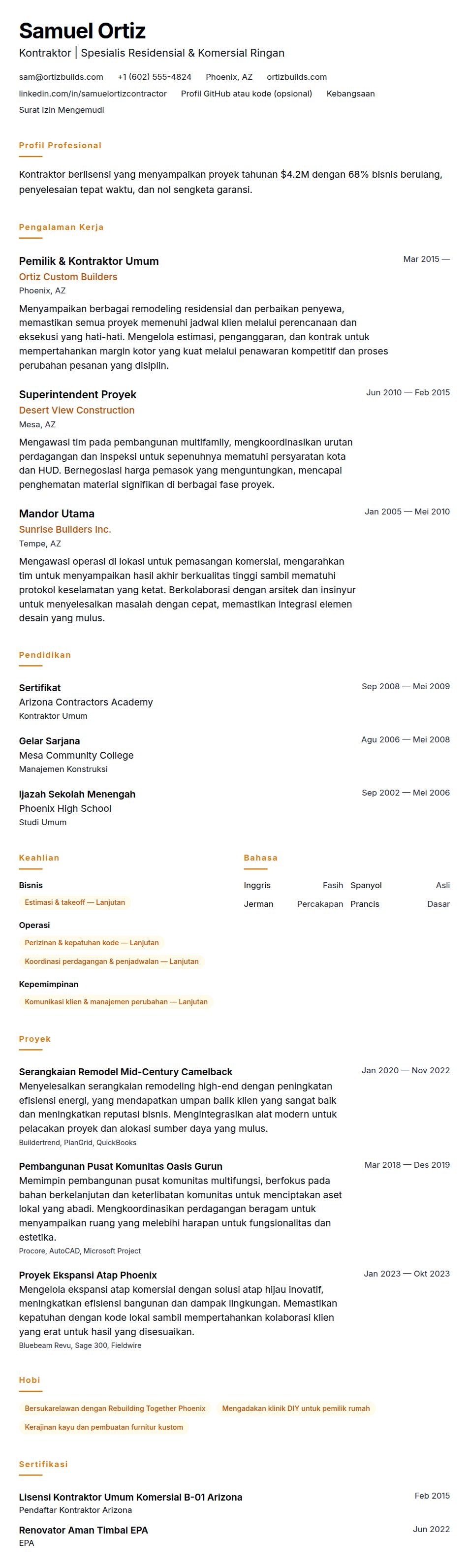 Pratinjau resume Contoh Resume Kontraktor