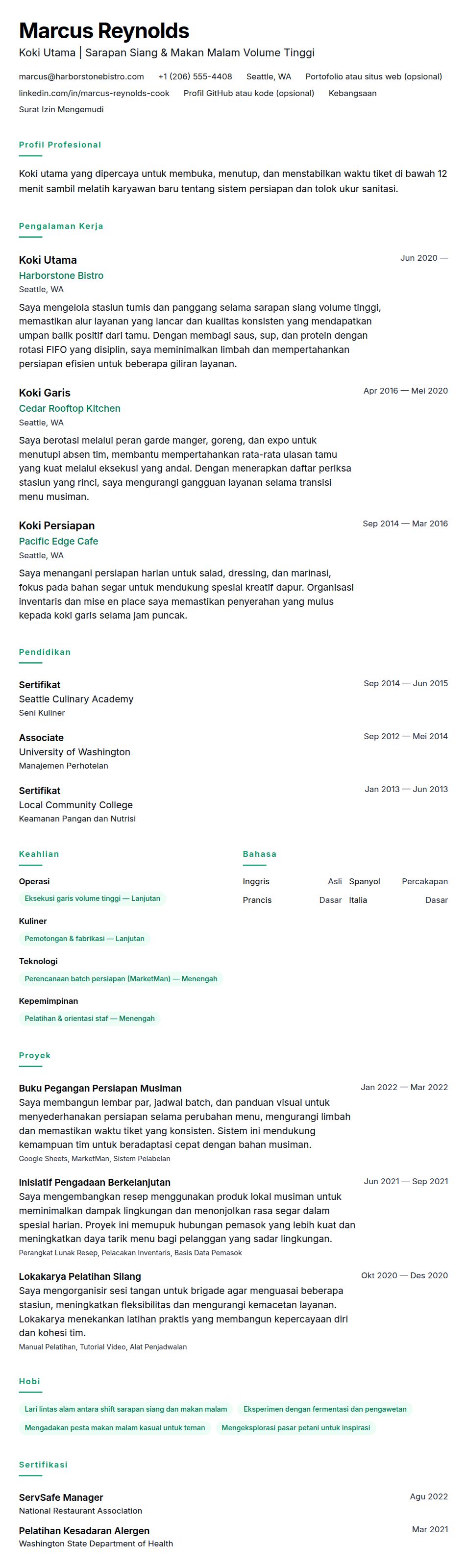 Pratinjau resume Contoh Resume Koki