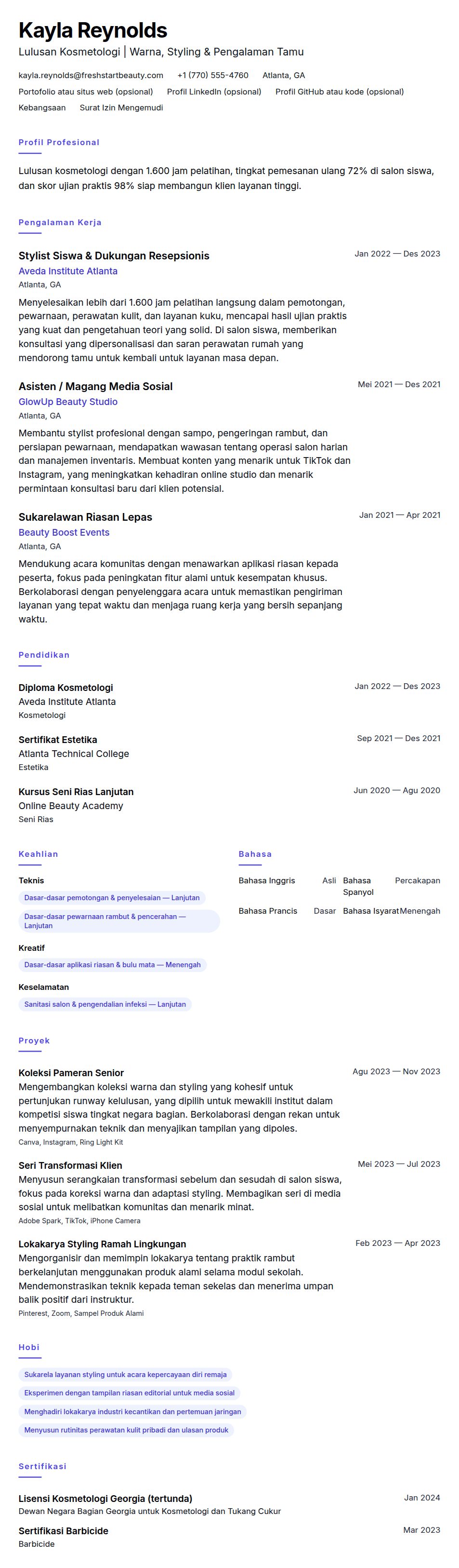 Pratinjau resume Contoh Resume Lulusan Kosmetologi