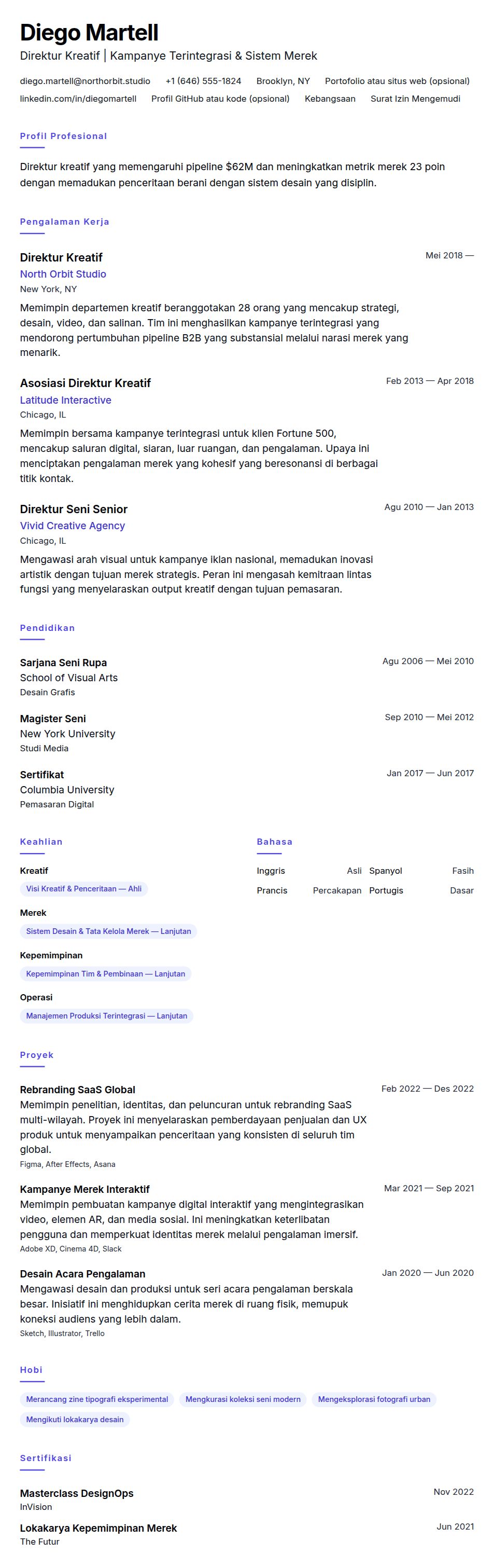 Pratinjau resume Contoh Resume Direktur Kreatif
