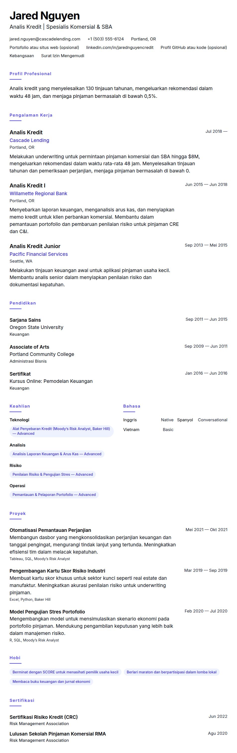 Pratinjau resume Contoh Resume Analis Kredit