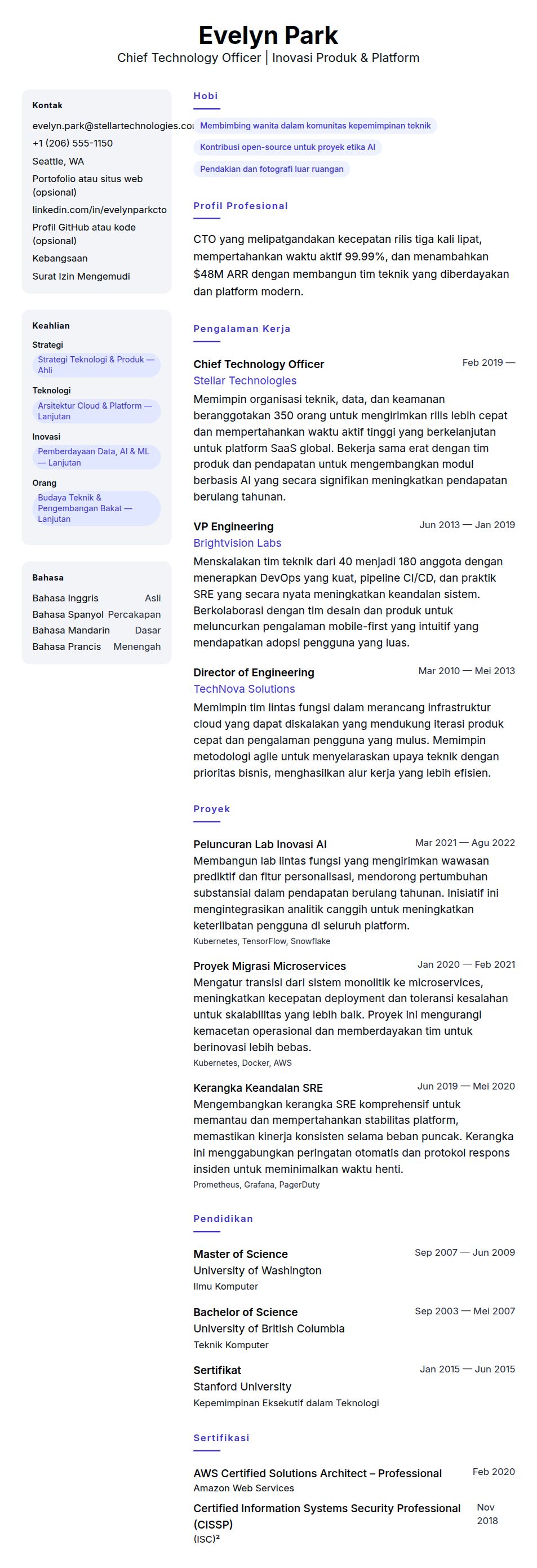 Pratinjau resume Contoh Resume Chief Technology Officer