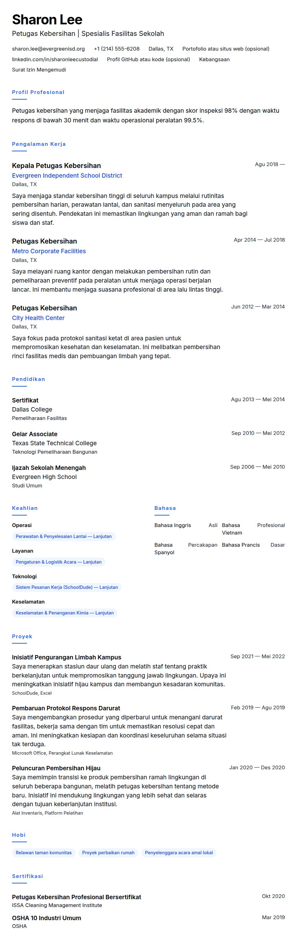 Pratinjau resume Contoh Resume Petugas Kebersihan